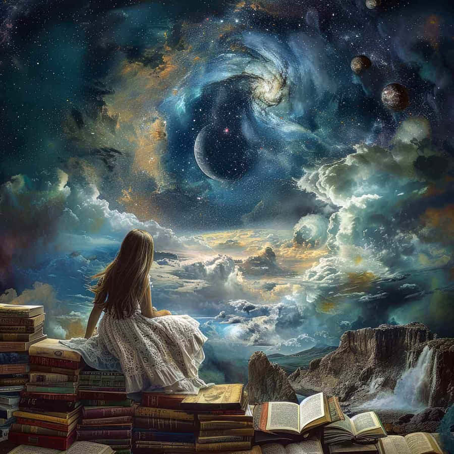 Cosmic Dreamscape_ Girl Books Universe.jpg Wallpaper