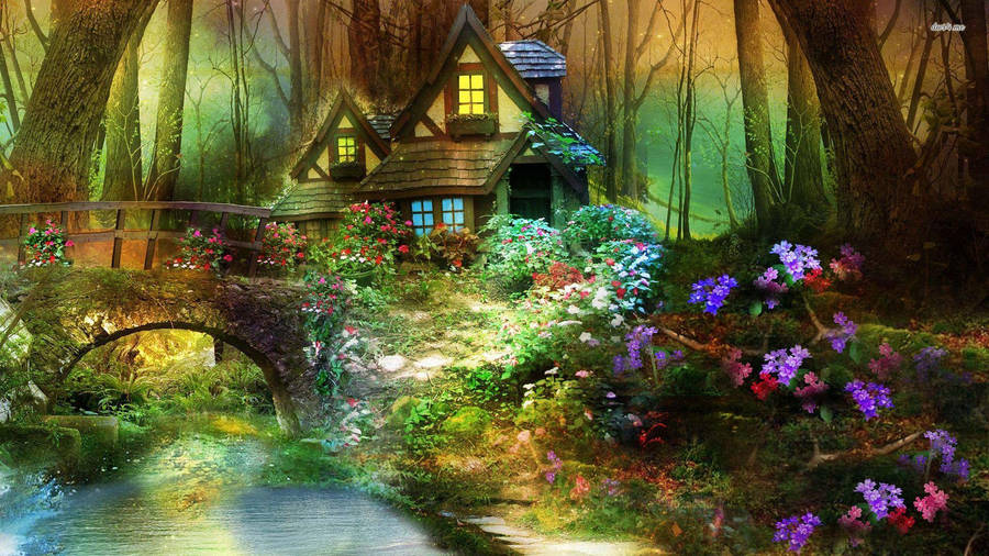 Cottage In An Enchanted Forest Wallpaper