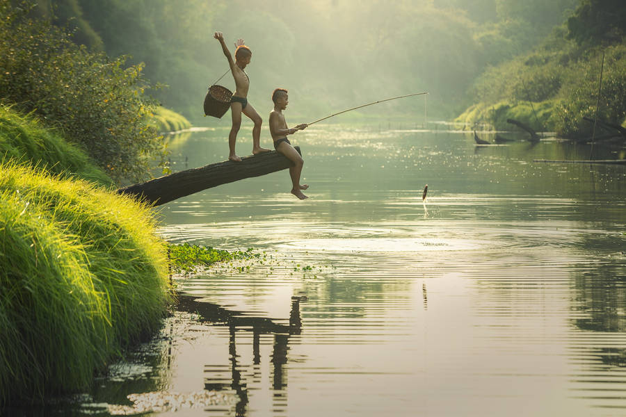 Country Summer Kids Fishing Wallpaper