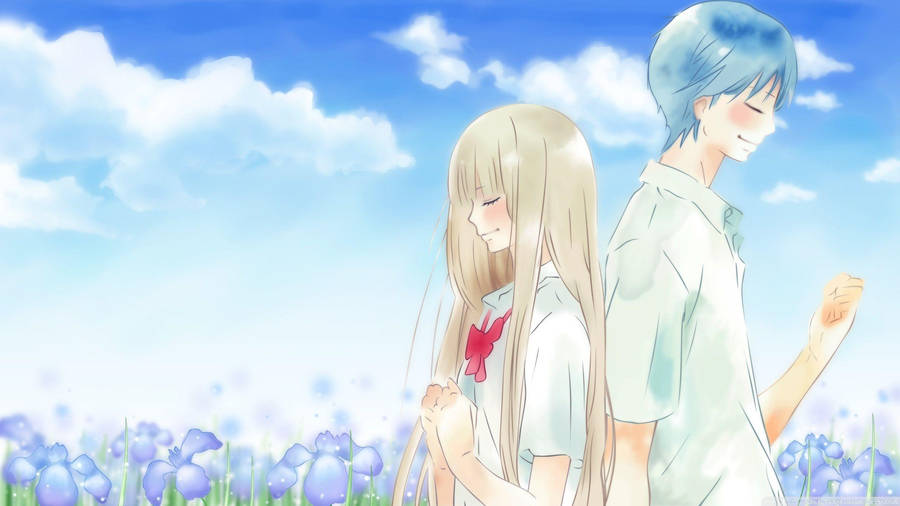 Couple In Blue Flower Field Love Anime Wallpaper