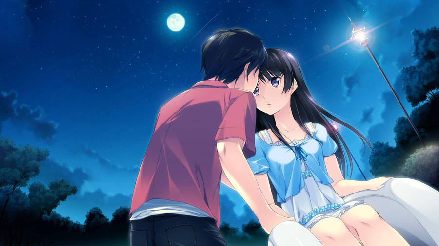 Couple Kissing During Nighttime Love Anime Wallpaper