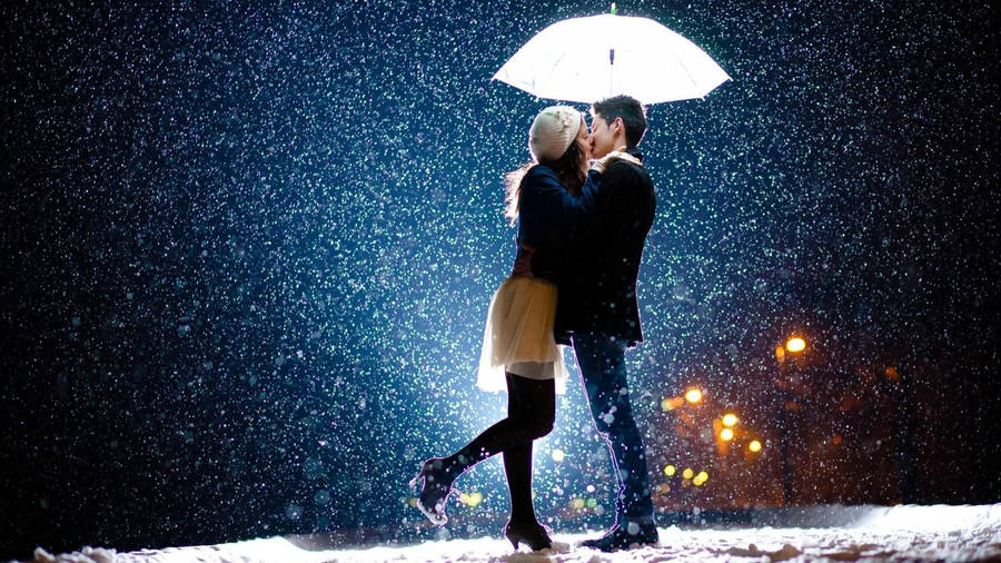 Couple Sharing Umbrella Love Story Wallpaper