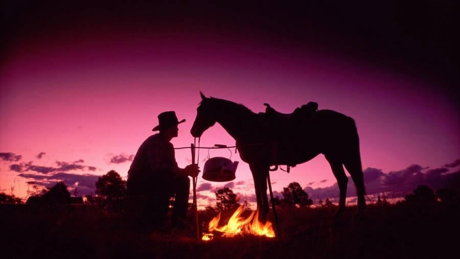 Cowboy Bonfire Dusk Wallpaper