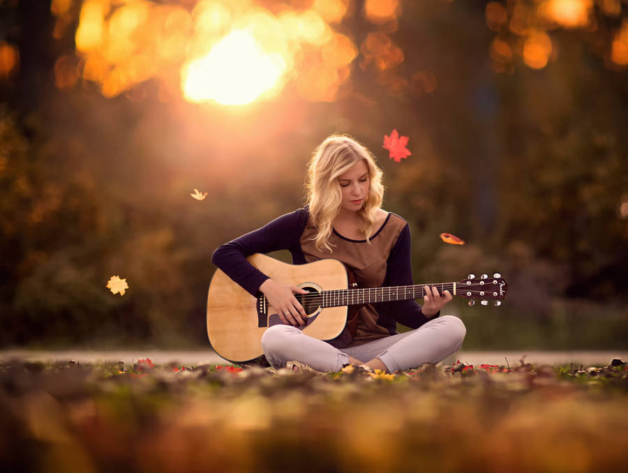 Cozy Autumn Girl Guitar Wallpaper