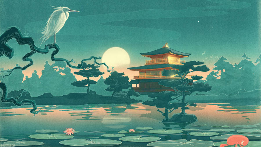 Crane In Lake Japanese Art Wallpaper