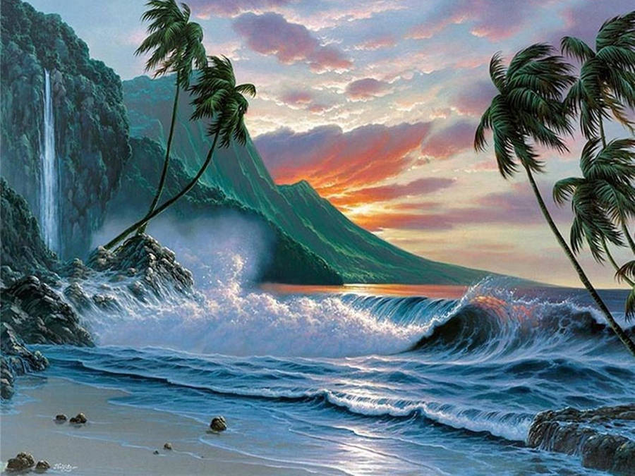 Crashing Wave On Island Wallpaper