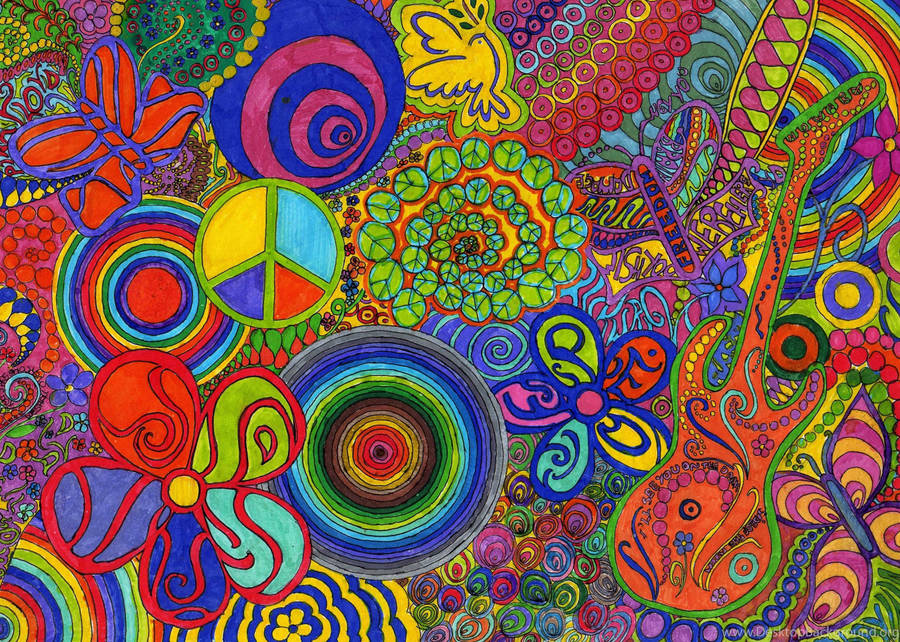 Crayon Flowers Peace Sign Indie Art Wallpaper