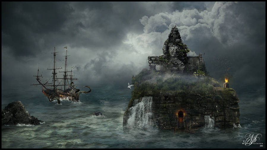 Creepy Ghost Ship Island Wallpaper