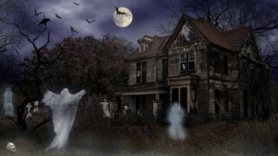 Creepy Haunted House At Night Wallpaper