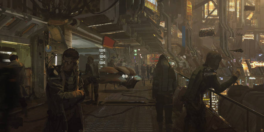 Crowded Techno Street Wallpaper