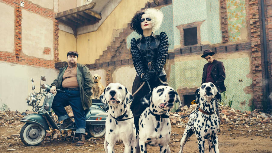 Cruella 2021 With Three Dalmatian Dogs Wallpaper