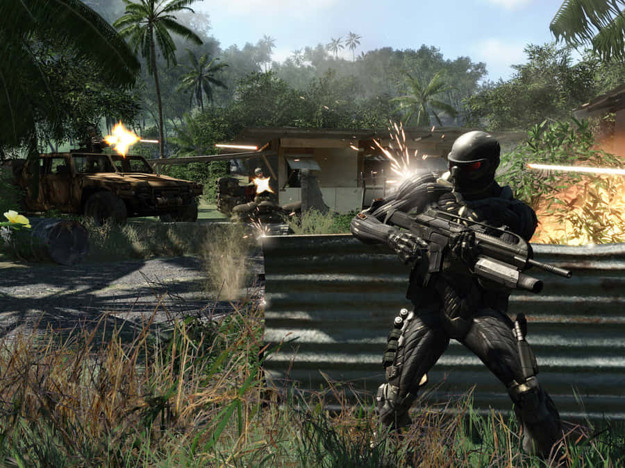 Crysis Nanosuit Soldier Combat Scene Wallpaper