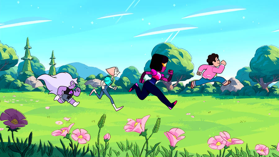 Crystal Gems Running Steven Universe Ipad Wallpaper