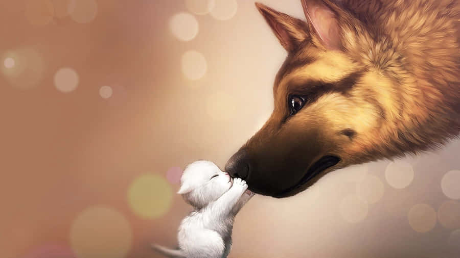 Cute Animals Cartoon Dog & Kitten Wallpaper