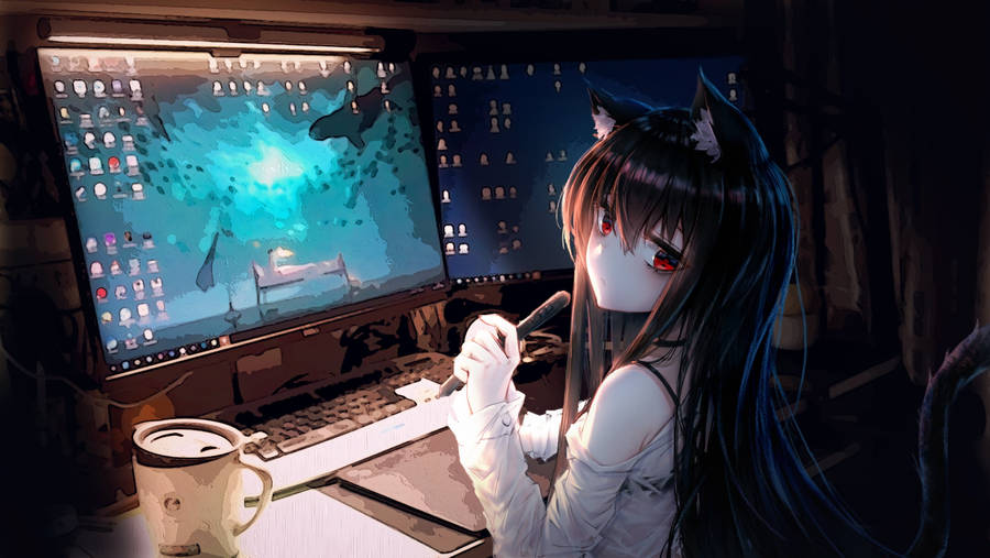 Cute Anime Characters With A Computer Wallpaper