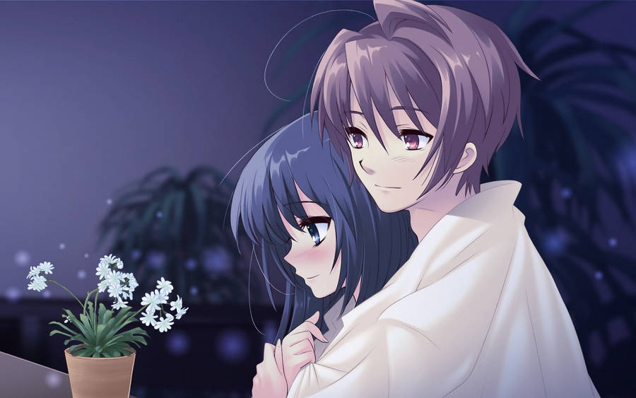 Cute Anime Couple And Potted Flowers Wallpaper