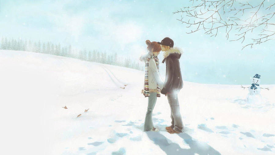 Cute Anime Couple In Snow Wallpaper