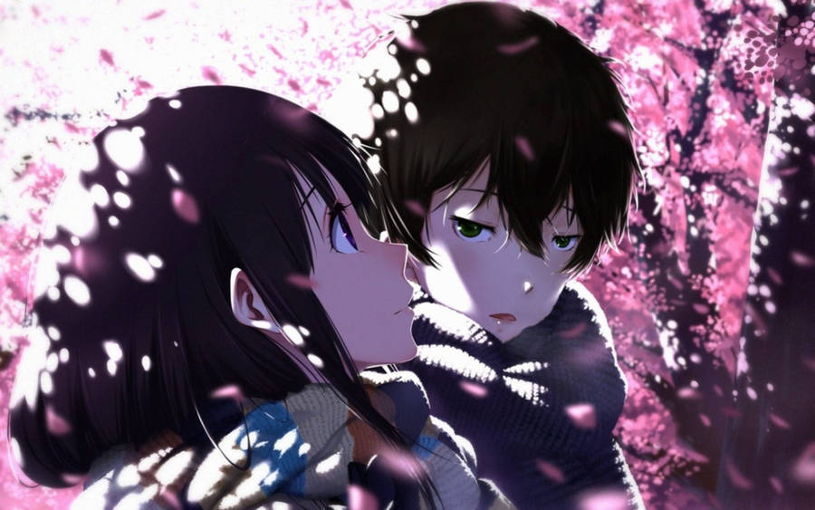 Cute Anime Couple With Cherry Blossoms Wallpaper