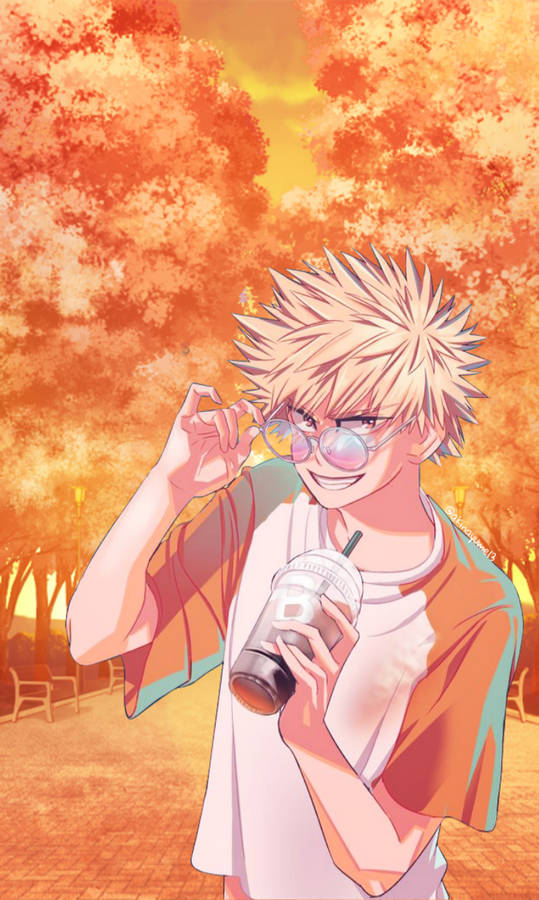 Cute Bakugo Glasses Drink Wallpaper