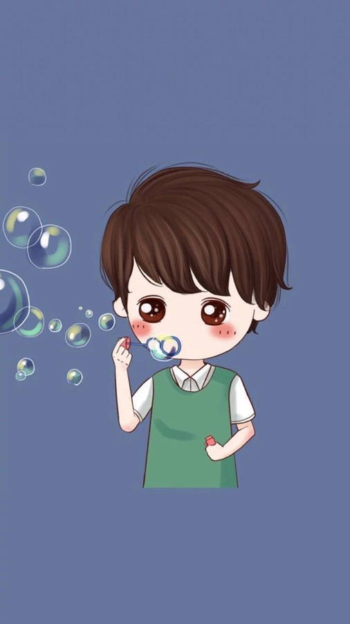 Cute Boy Cartoon Blowing Bubbles Wallpaper