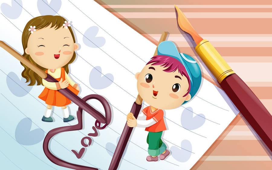 Cute Boy Cartoon Writing Love On Paper Wallpaper