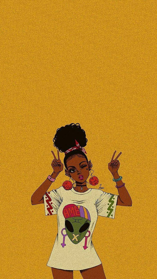 Cute Cartoon Black Girl Doing Peace Sign Wallpaper