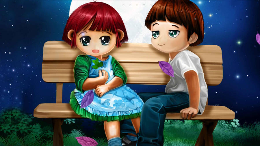 Cute Cartoon Couple On Bench Wallpaper