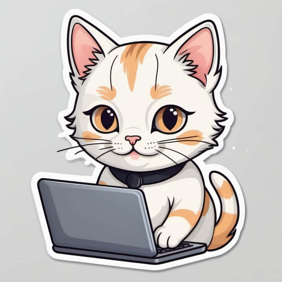 Cute Cat Using Laptop Sticker Wallpaper