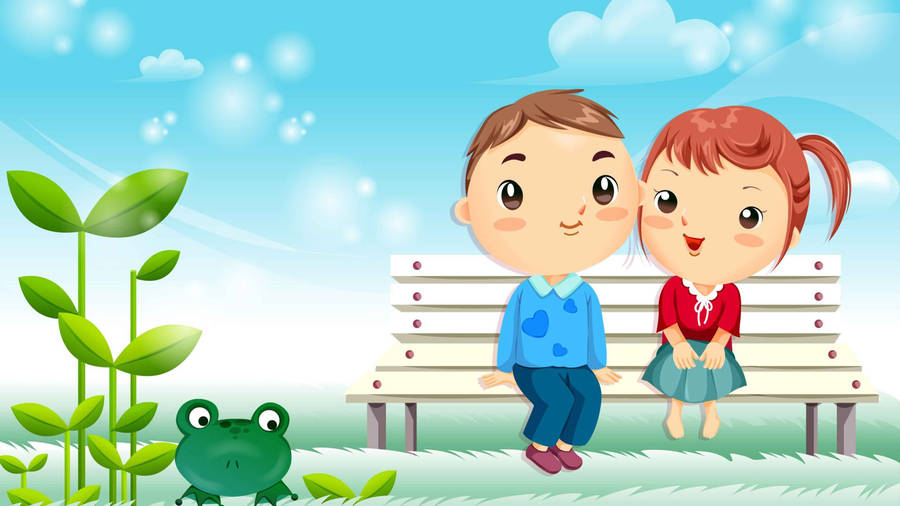 Cute Couple Cartoon And Frog Wallpaper