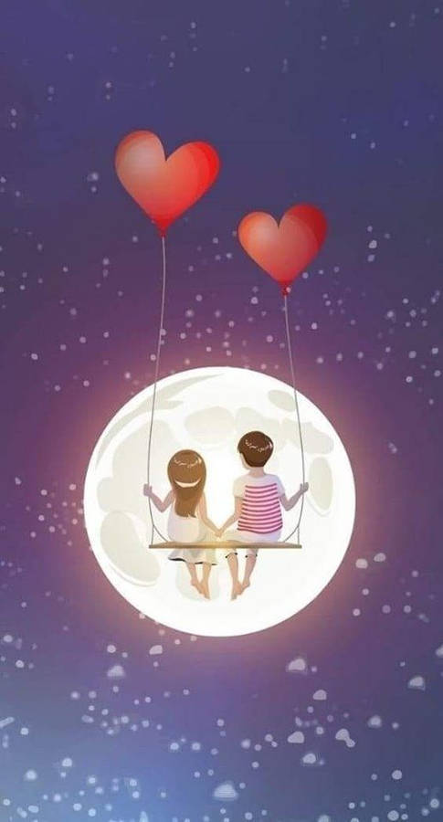 Cute Couple Cartoon Full Moon Wallpaper