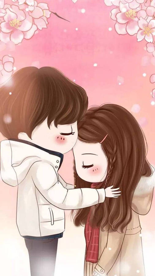 Cute Couple Cartoon Pink Flowers Wallpaper