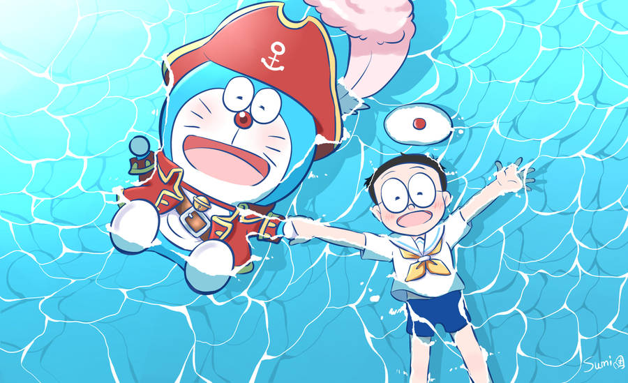 Cute Doraemon Swimming With Nobita Wallpaper
