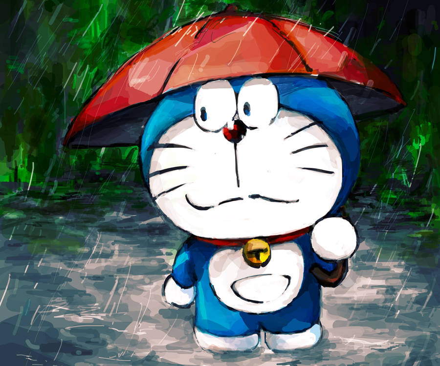 Cute Doraemon Under The Rain Wallpaper