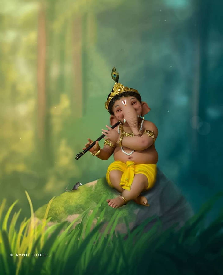 Cute Ganesha Playing Flute In Forest Wallpaper