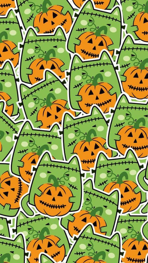 Cute Halloween Iphone Green Cat Pumpkins Wallpaper