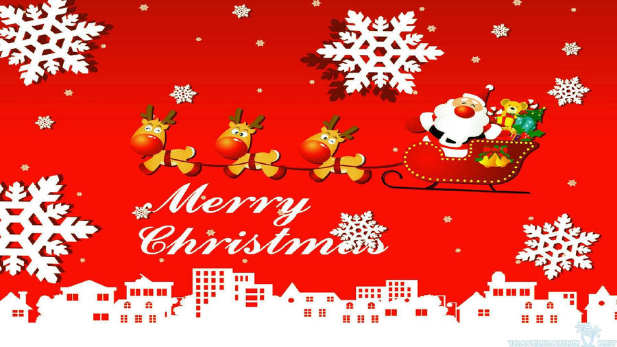 Cute Merry Christmas Santa And Reindeer Wallpaper