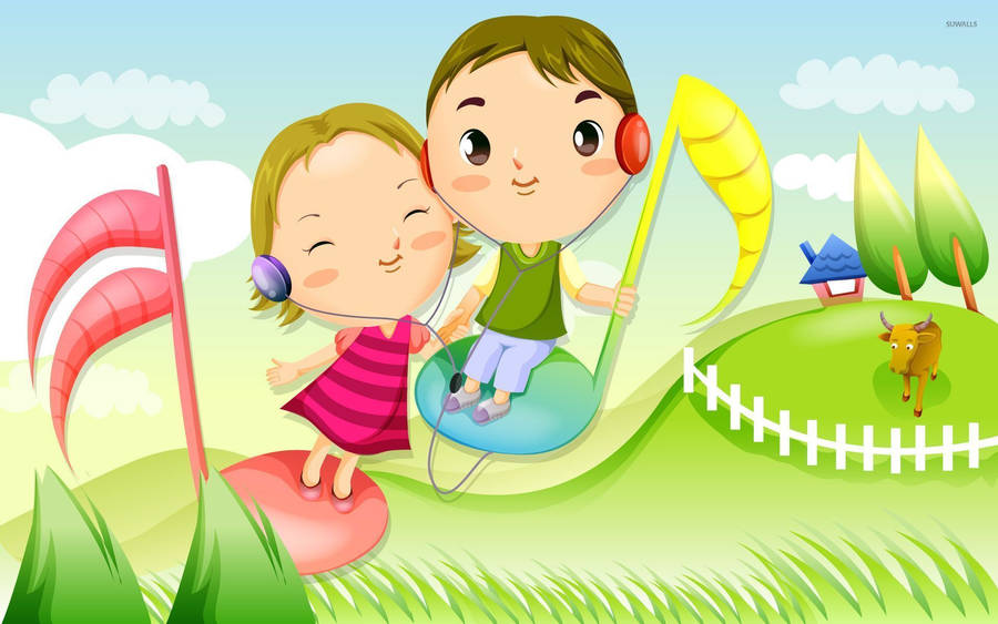 Cute Music Little Kids Cartoon Art Wallpaper