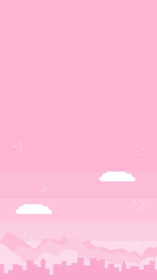 Cute Pink Aesthetic Mountains And Building Silhouettes Wallpaper