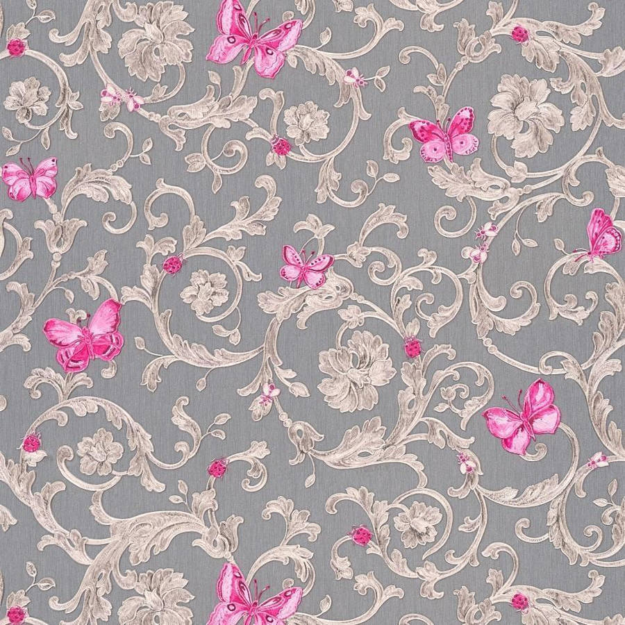 Cute Pink Butterfly On Victorian Design Wallpaper