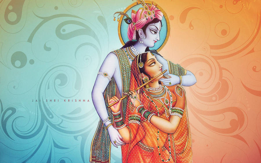 Cute Radha Krishna Blue Orange Background Wallpaper