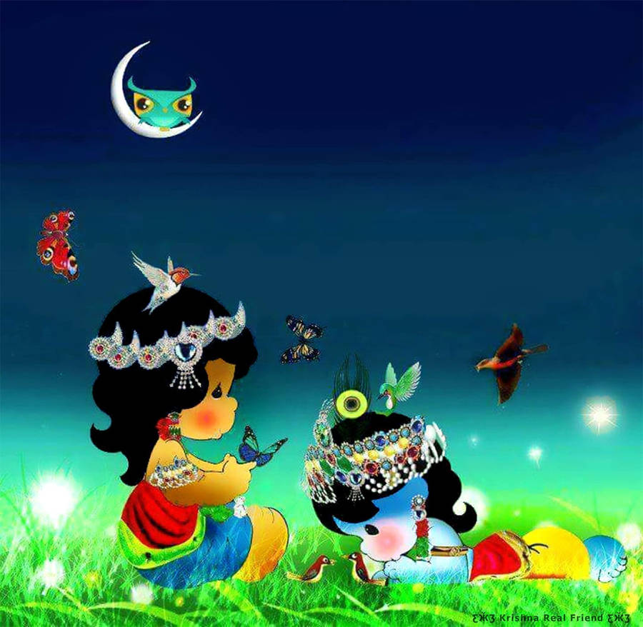 Cute Radha Krishna Frog Moon Wallpaper