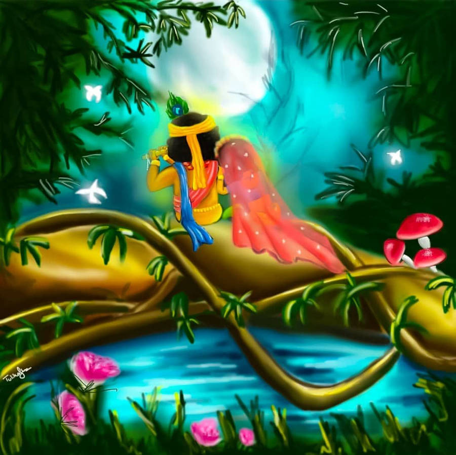 Cute Radha Krishna Full Moon Wallpaper