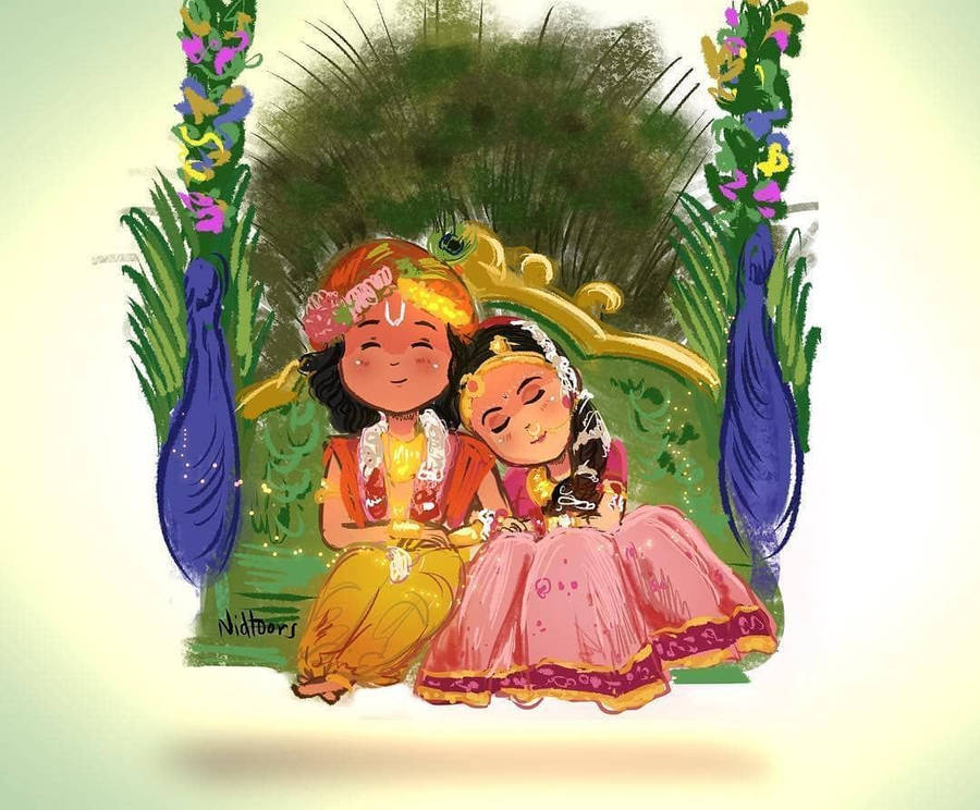 Cute Radha Krishna Green Couch Wallpaper