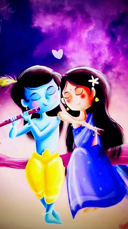 Cute Radha Krishna Purple Sky Wallpaper