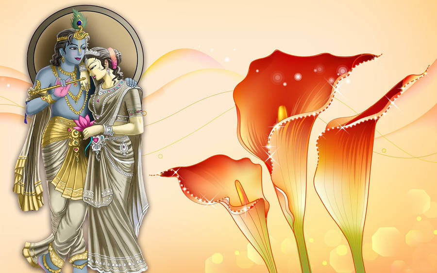 Cute Radha Krishna Silver Gold Wallpaper