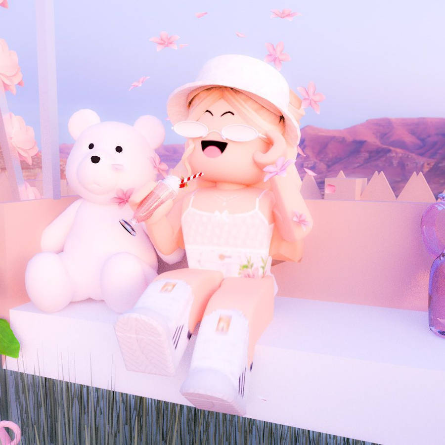 Cute Roblox Girl Holding A White Teddy Bear Wallpaper