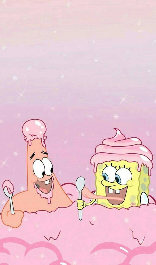 Cute Spongebob And Patrick Eating Ice Cream Wallpaper