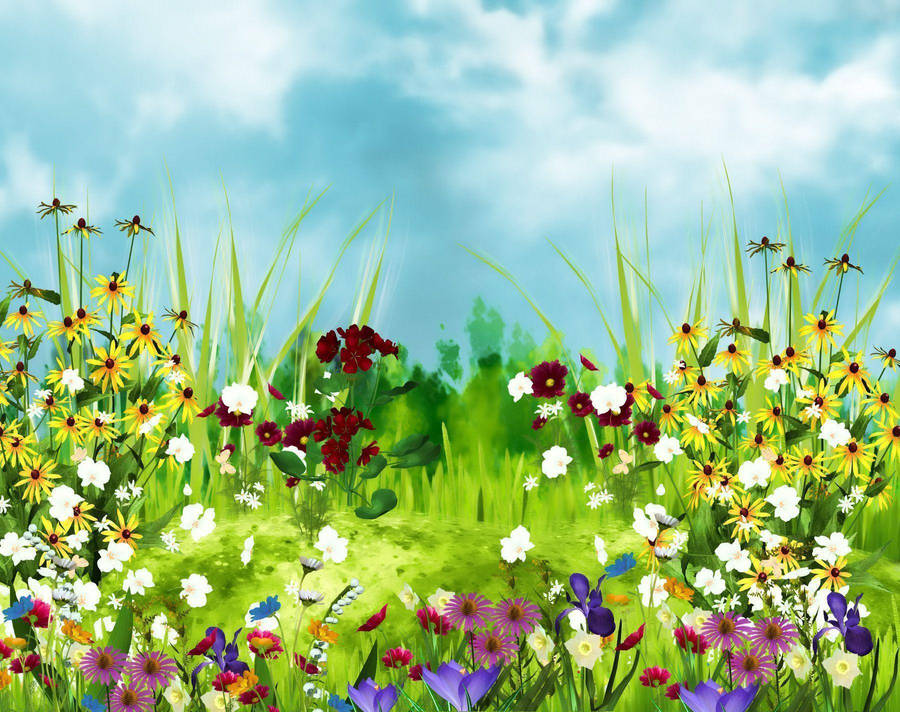 Cute Spring Flower Field Art Wallpaper