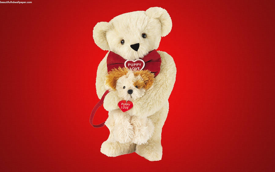 Cute Teddy Bears On Red Background For February Wallpaper
