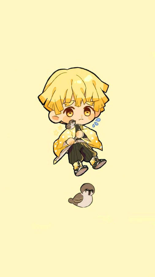 Cute Zenitsu With Sparrow Chibi Wallpaper